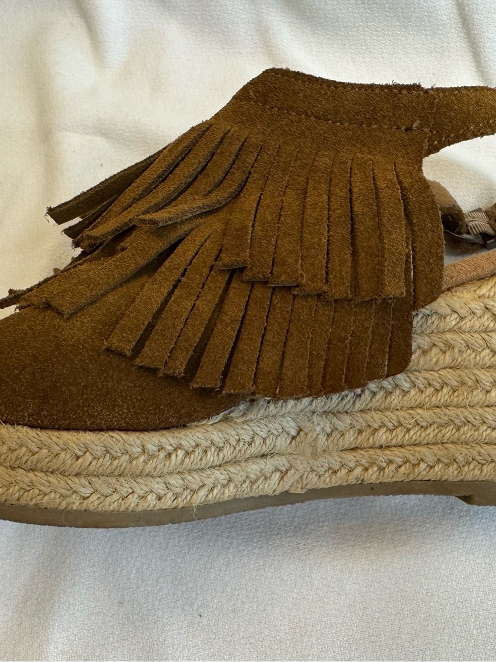 Minnetonka Ashley Suede Fringe Wedge Sandals 8 Brown Boho Espadrille Slingback - Picture 2 of 12